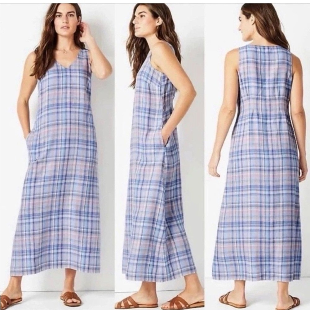 J. Jill Love Linen Plaid Maxi Dress Blue Pink V-Neck Pockets XS Petite